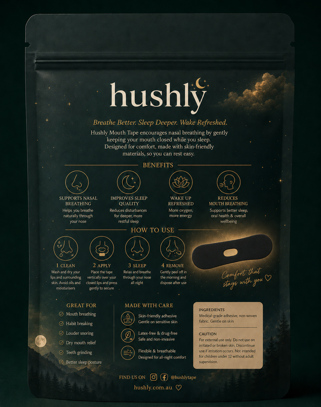 Back of the hushly mouth tape pack