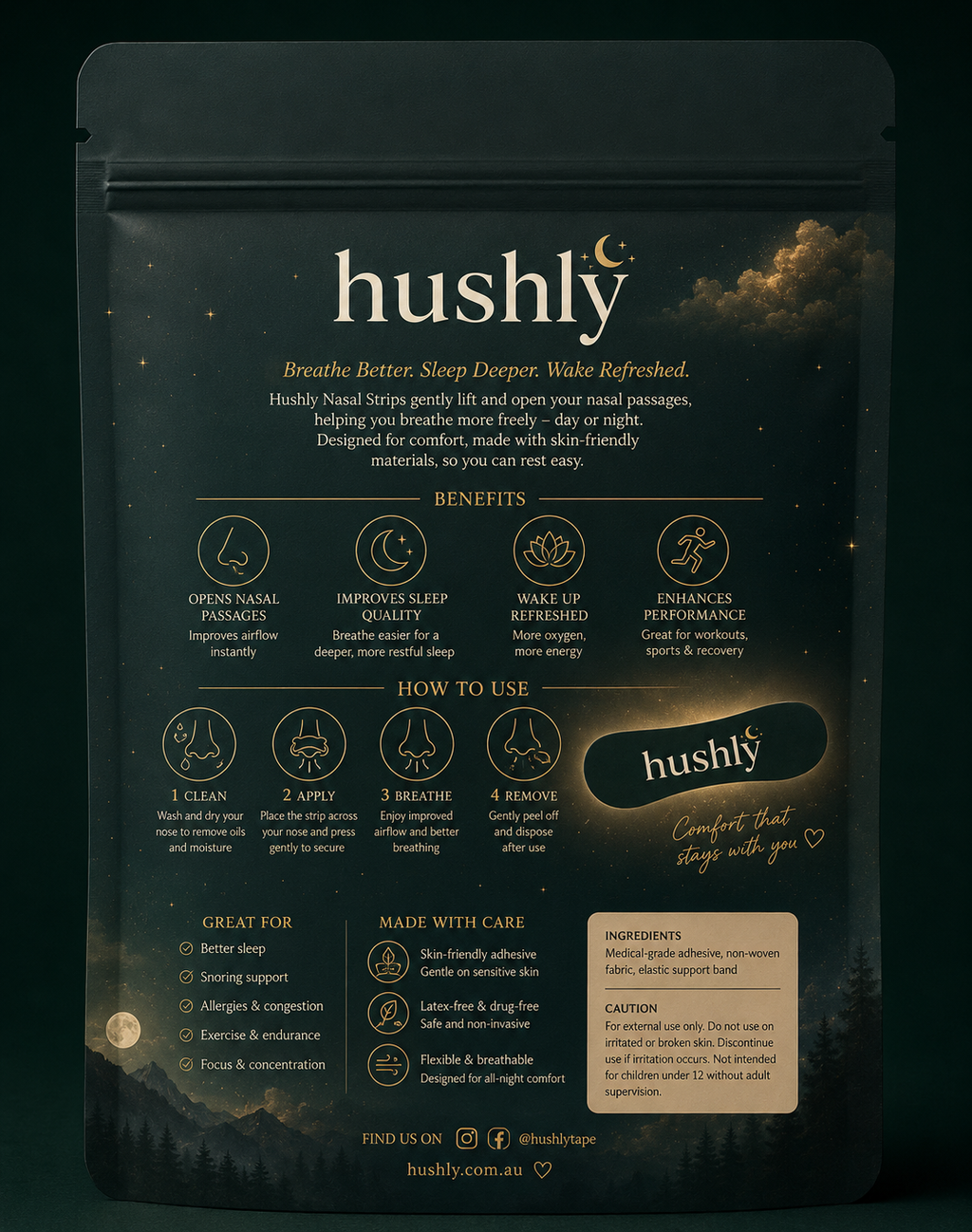 Back of the hushly nasal strips pack