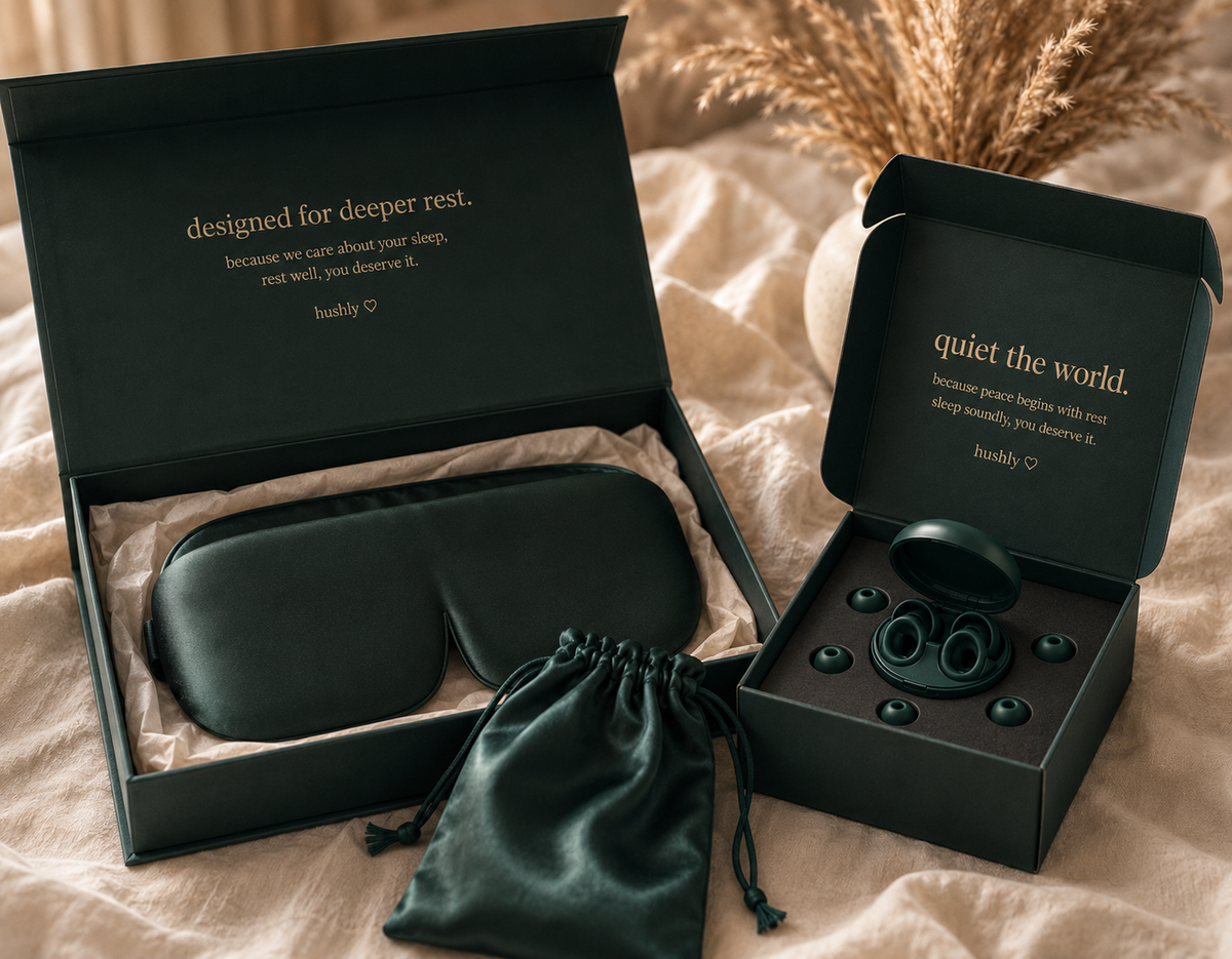 hushly Deep Sleep Bundle with silk eye mask and silicone earplugs
